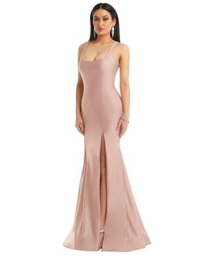 Cynthia & Sahar Square Neck Stretch Satin Mermaid Dress With Slight Train - Natural