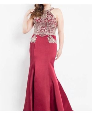 Rachel Allan Matte Satin Beaded Mermaid Gown - Red