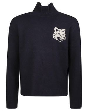 Maison Kitsuné Fox Head Intarsia Wool Turtleneck Sweater - Blue