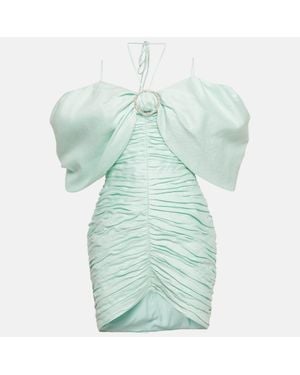 Rasario Light Linen Blend Ruched Off Shoulder Dress - Blue