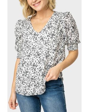Gibsonlook Puff Sleeve V-Neck Blouse - Gray