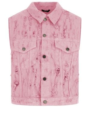 Haikure Fringed Cotton Denim Vest With Classic Collar - Pink