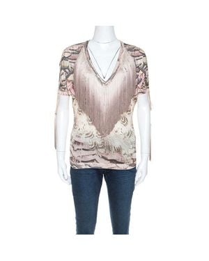 Roberto Cavalli Printed Fringed Neckline V-Neck Top - Multicolor