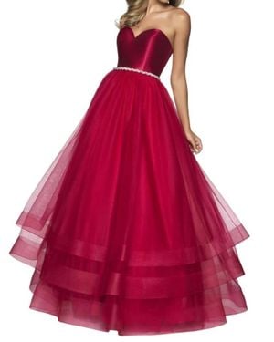 Blush Prom Strapless Tulle Ballgown With Jeweled Waist - Red