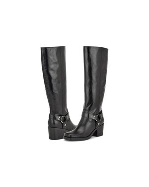 Nine West Koop Boots Leather Square Toe Block Heel Zpo3674 - Black