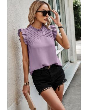 TRUEDAMES Striped Solid Cap Sleeve Ruffle Neck Tunic Shirts - Purple