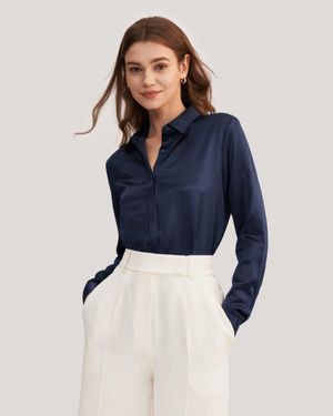 LILYSILK Basic Concealed Placket Silk Shirts - Blue