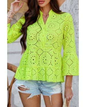 TRUEDAMES Solid Half Button Flounce Sleeve Peplum Blouse - Green