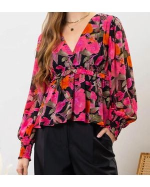 Blu Pepper Floral Print V-Neck Peplum Top - Red