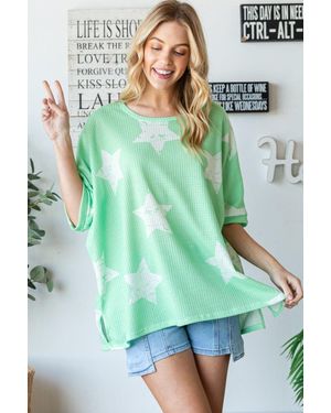 TRUEDAMES Hopely Star Pattern Oversized Waffle T-Shirt - Green