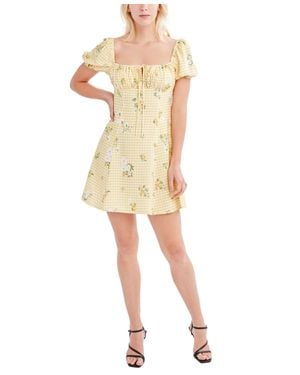 BCBGeneration Dress Check Floral Puff Sleeve Square Neck Jzz333 - Natural