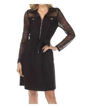 Joseph Ribkoff Floral Lace Sleeve Belted Shirt Dress - Black