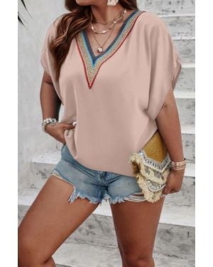 TRUEDAMES Plus Batwing Short Sleeve Lace V Neck Blouse - Pink
