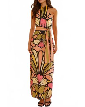 Sundayup Retro Bloom Halter Maxi Dress - Metallic