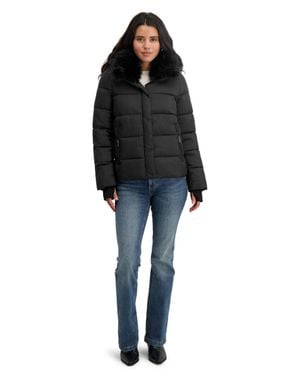 Tahari Short Quilted Puffer Jacket With Faux Fur Collar & Detachable Hood - Black