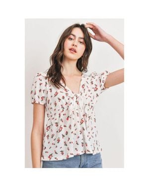 TRUEDAMES Front Tie Floral Waffle Top - White
