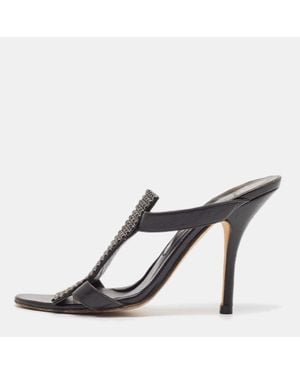 Gina Leather Crystal Embellished Slide Sandals - Black
