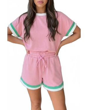 Shewin Striped Trim Casual Tee And Drawstring Shorts Set - Red