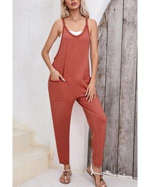 TRUEDAMES Flame Side Pockets Harem Pants Sleeveless V Neck Jumpsuit - Red