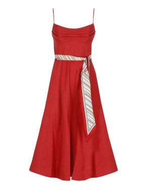Zimmermann Fitted Midi Linen Dress With Striped Foulard Belt - Red