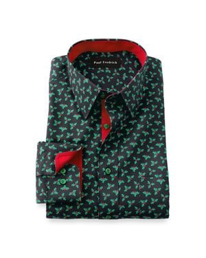 Paul Fredrick Slim Fit Comfort Stretch Non-Iron Novelty Dress Shirt With Contrast Trim - Green