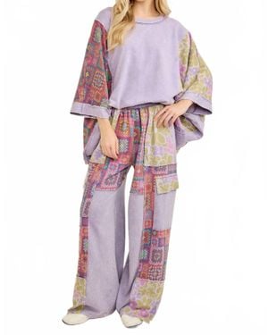 J. Her Mineral Washed Floral Printed Poncho Style Top And Pant Set - Purple
