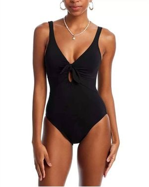 Robin Piccone Ava Plunge Neck Tie-Front One Piece Swimsuit - Black