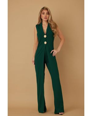 TRUEDAMES Open Flap With Metal Shank Button Jumpsuit - Blue