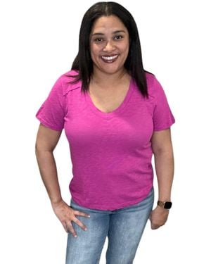 Bobi Shoulder Seam V Neck Tee Shirt - Pink