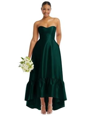Alfred Sung Strapless Deep Ruffle Hem Satin High Low Dress With Pockets - Green