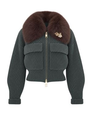 Liu Jo Cropped Dark Chunky Knit Bomber Jacket - Gray