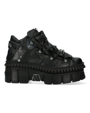 New Rock Leather Ankle Goth Boots-Wall106-S13 - Black