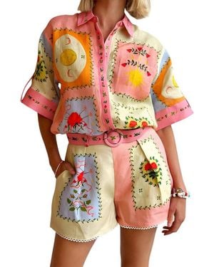 Esea 2Pc Linen-Blend Shirt & Short Set - Red