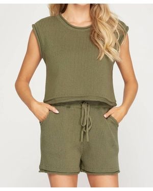 She + Sky Rib Knit Sweater Shorts With Pockets - Green