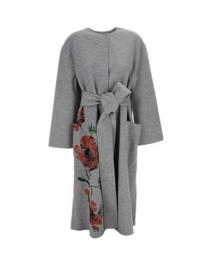 Erdem Floral Print Double Face Wool Belted Robe Coat - Gray