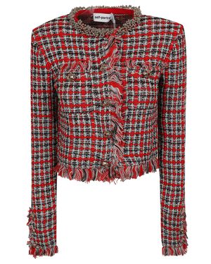 Self-Portrait Checked Cropped Knit Jacket With Frayed Edges - Red