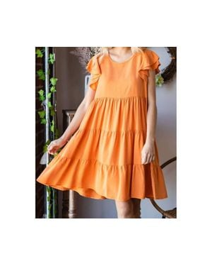 Veveret Tencel Flutter Sleeve Tiered Dress - Orange