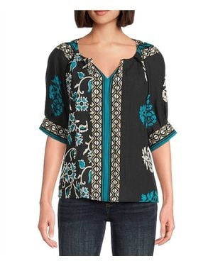 Tru Luxe Floral Border Print Split V-Neck Elbow Sleeve Top - Black