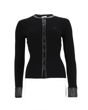 Courreges Fitted Ribbed Cardigan With Glossy Vinyl Accents - Black