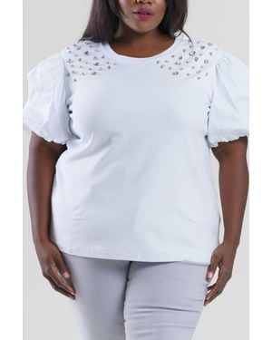 Joh Runa Pointe Knit Top With Diamond Studs - White