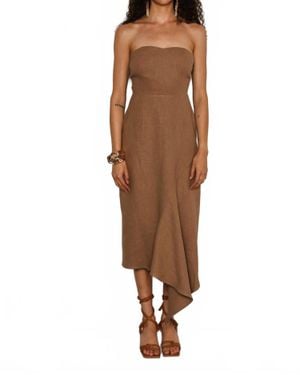 Du Paradis Shoulderless Asymmetrical Drape Midi Dress - Brown