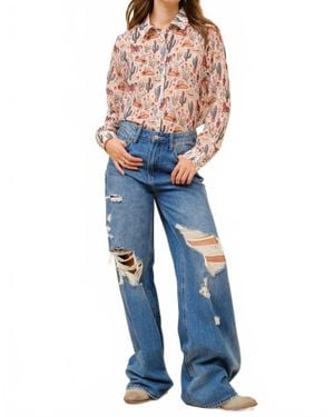 Blue B Western Print Chiffon Button Up Blouse - Blue