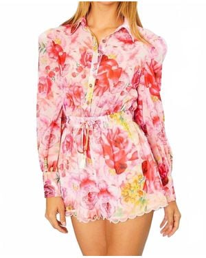 Main Strip Scallop Hem Floral Print Romper - Red