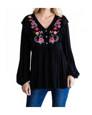 Jodifil Embroidered Babydoll Top - Black