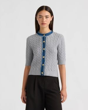 NVLT Short Sleeve Cable Sweater With Denim Trim - Blue