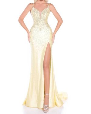 Amarra Pearl Beaded Sleeveless Slit Gown - Metallic