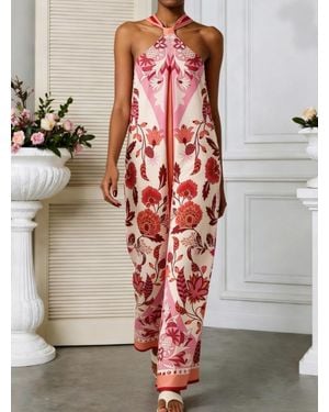 TRUEDAMES Printed Halter Neck Wide-Leg Jumpsuit - Red