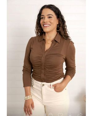 Mac & Me Ruched Placket Long Sleeve Top - Brown