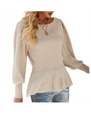Faire Chic Balloon Sleeve Flouncy Knit Sweater Top - Natural