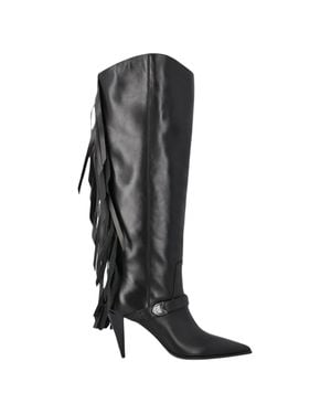 Pinko Knee-High Fringe Boots With Pointed Toe And Angled Heel - Black